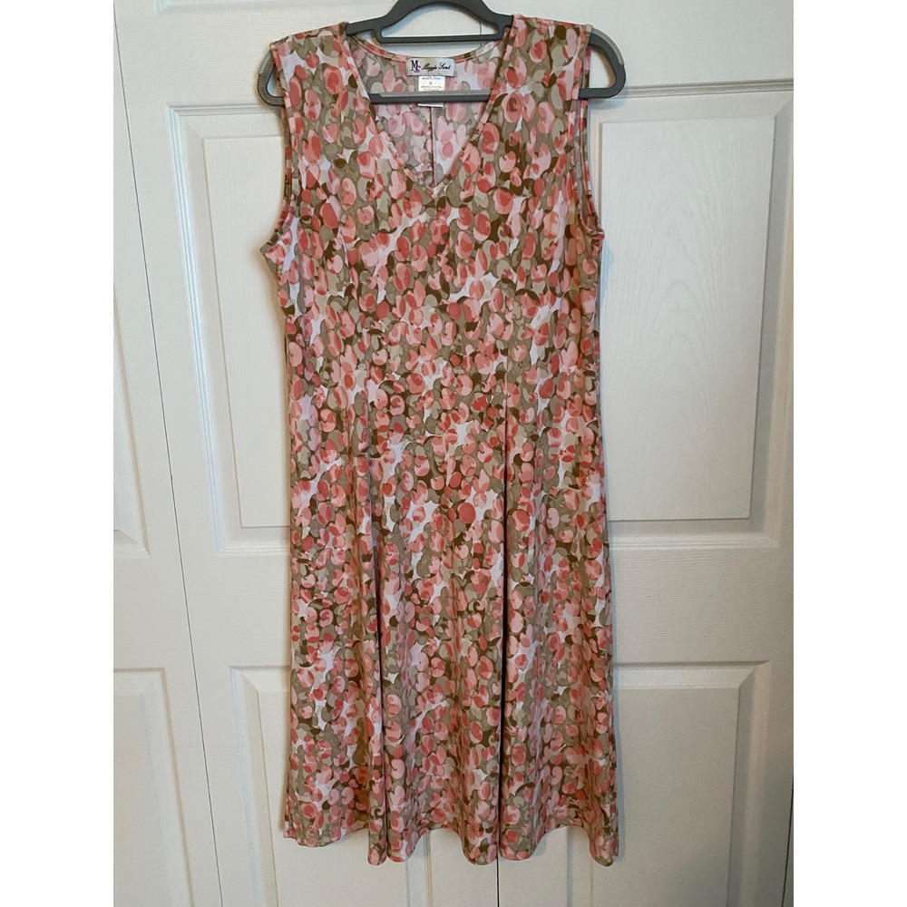 Maggie Sweet Pink Green Floral Sleeveless V-Neck A-Line Midi Dress Womens Medium